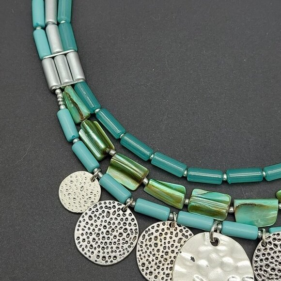 Aqua Blue & Silver Tone Multi Strand Collar Bib Necklace Dangle Hammered Discs - Picture 7 of 10